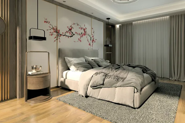 Quarto com cama de casal, roupa de cama cinza, tapete felpudo e luminária pendente