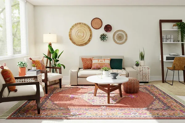 Sala de estar clara com sofá bege, almofadas, tapete estampado e plantas