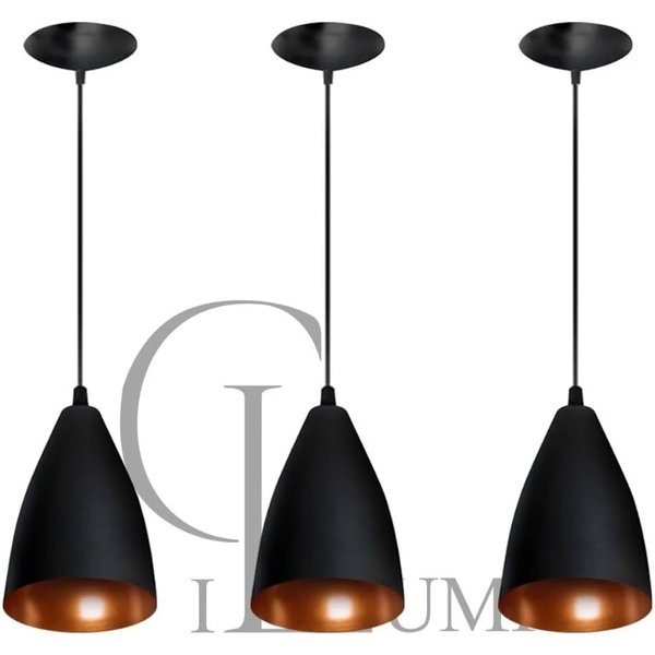Kit com 3 pendentes Vegas pretos com interior bronze, foto do anúncio do produto como é vendido