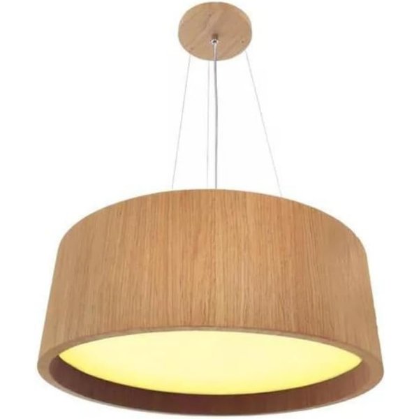 Pendente redondo de madeira freijó de 40 cm com luz acesa, foto do anúncio do produto como é vendido