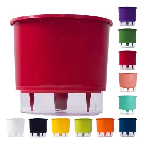Vaso autoirrigável vermelho com reservatório transparente e opções de cores, foto do anúncio do produto no Mercado Livre