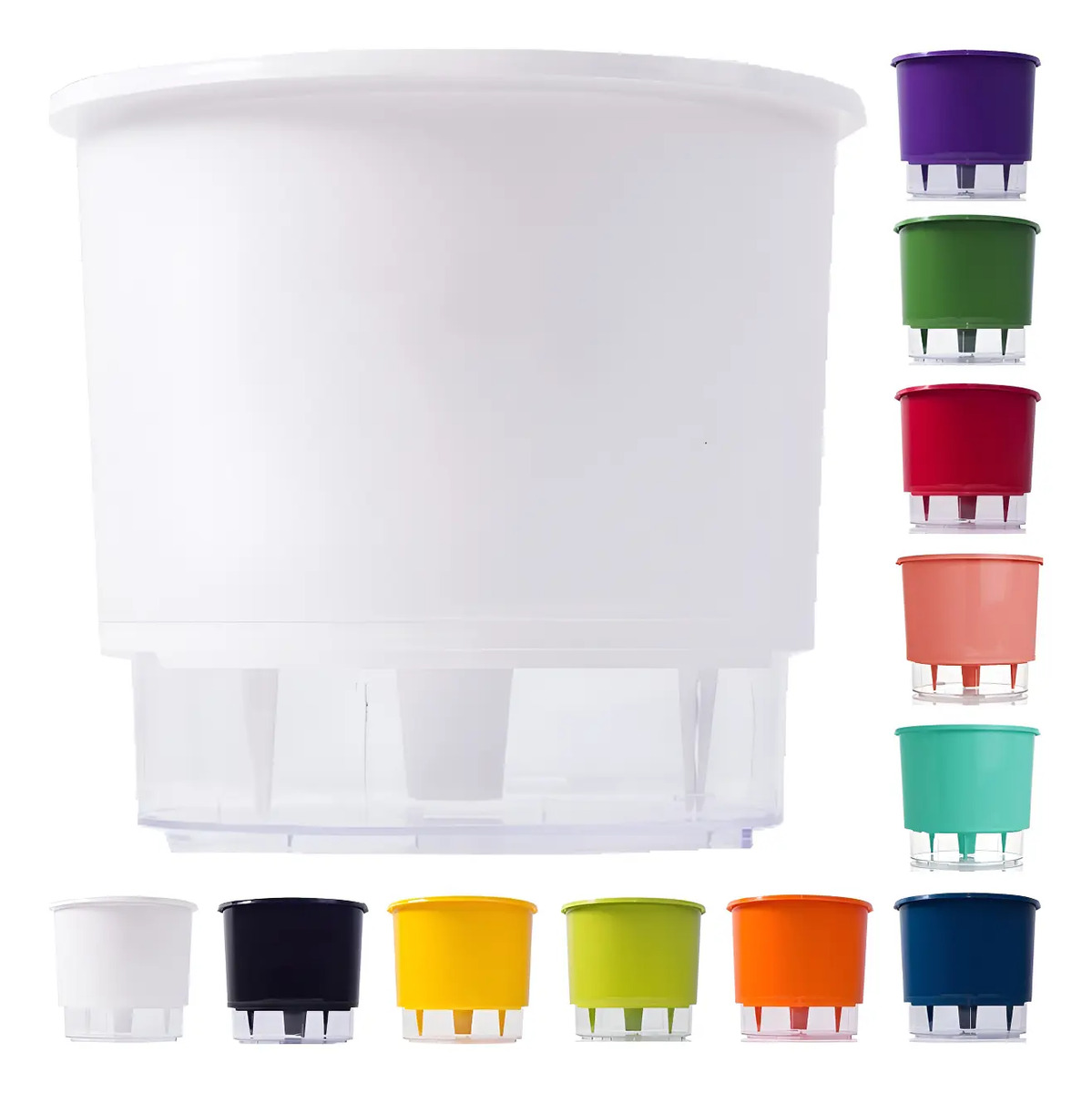 Vaso Raiz autoirrigável branco de 16 centímetros com reservatório transparente e opções de cores, foto do anúncio do produto no Mercado Livre