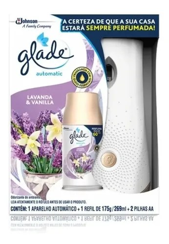 Caixa do Glade Automatic Lavanda e Vanilla com aparelho branco e refil, foto do anúncio do produto no Mercado Livre