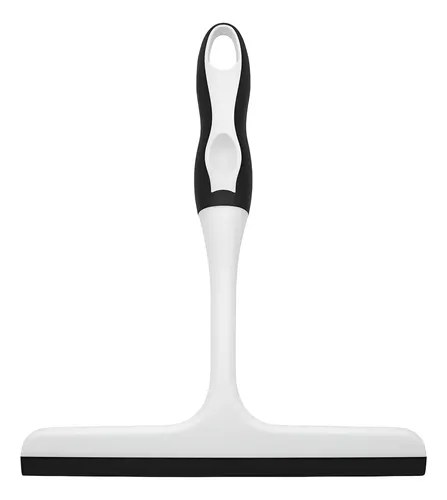 Rodo de mão branco com cabo preto e lâmina de silicone preta, em fundo branco, foto do anúncio do produto no Mercado Livre
