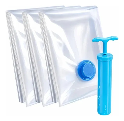 Kit com três sacos a vácuo transparentes e bomba manual azul, foto do anúncio do produto no Mercado Livre