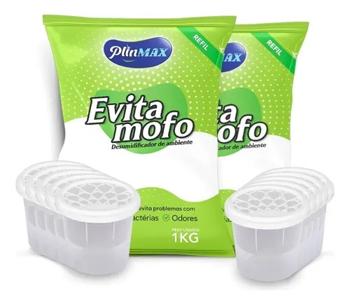 Dois sacos verdes de refil Evita Mofo Plinmax de 1 kg com potes transparentes empilhados, foto do anúncio do produto no Mercado Livre