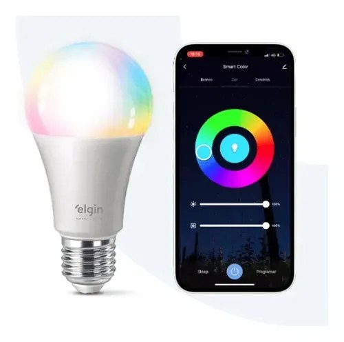 Lâmpada LED branca Elgin ao lado de celular com aplicativo de cores, foto do anúncio do produto no Mercado Livre