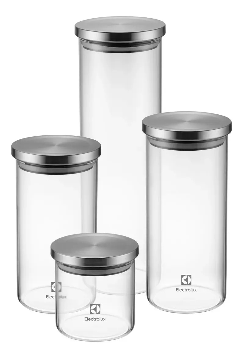 Kit Electrolux com quatro potes herméticos de vidro e tampa inox, foto do anúncio do produto no Mercado Livre