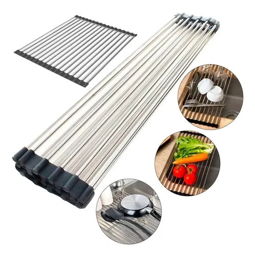Esteira enrolável de barras de inox com pontas pretas, aberta e enrolada, com fotos de uso sobre a pia, foto do anúncio do produto no Mercado Livre