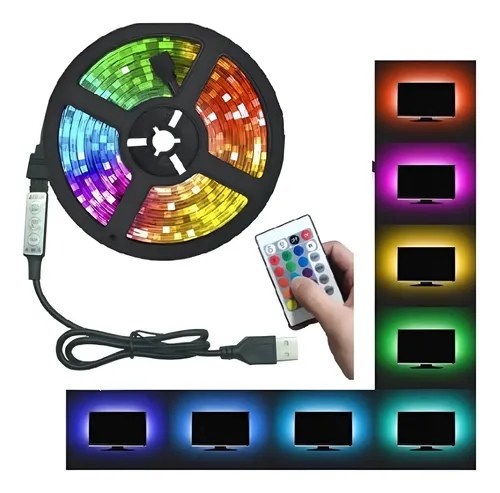 Rolo de fita de LED colorida com controle remoto e exemplos de luz atrás de TV, foto do anúncio do produto no Mercado Livre