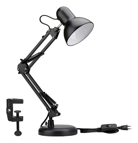 Luminária articulada preta de mesa com base e garra de fixação ao lado, foto do anúncio do produto no Mercado Livre