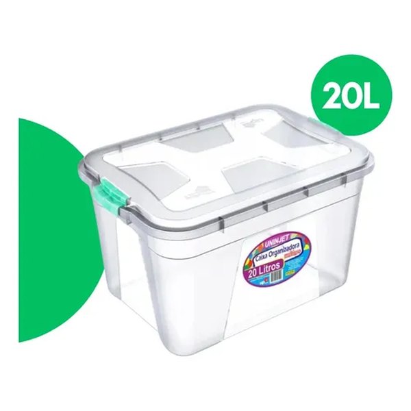 Caixa organizadora transparente de 20 litros com tampa, foto do anúncio do produto Uninjet no Mercado Livre