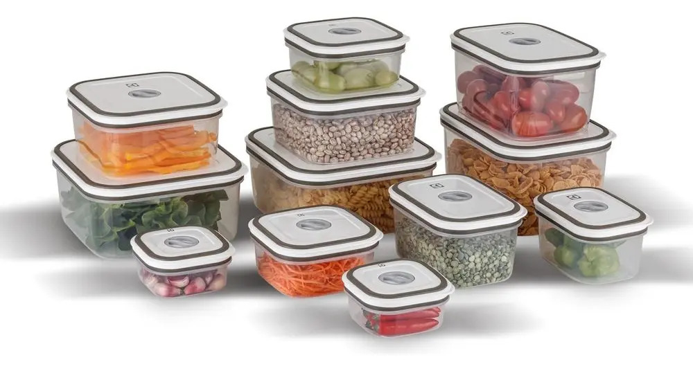 Kit Electrolux com doze potes herméticos de plástico retangulares, foto do anúncio do produto no Mercado Livre
