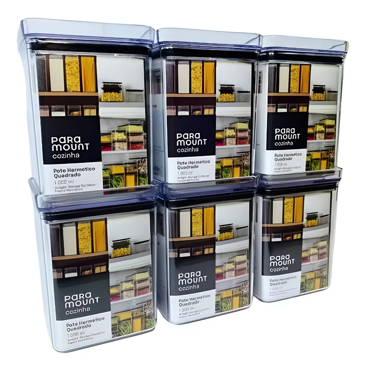 Kit Paramount Diamond Lumini com seis potes herméticos quadrados de 1000 ml, foto do anúncio do produto no Mercado Livre