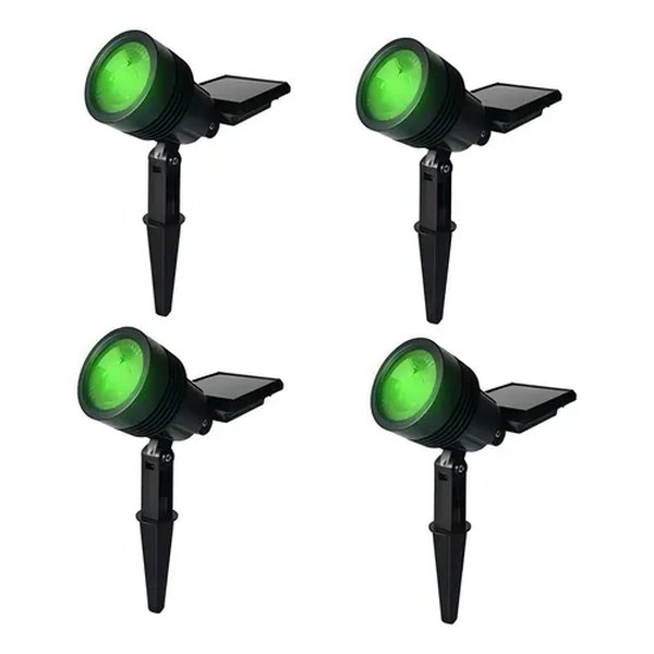 Quatro luminárias solares de espeto verdes com placa solar, foto do anúncio do produto Ecoforce no Mercado Livre