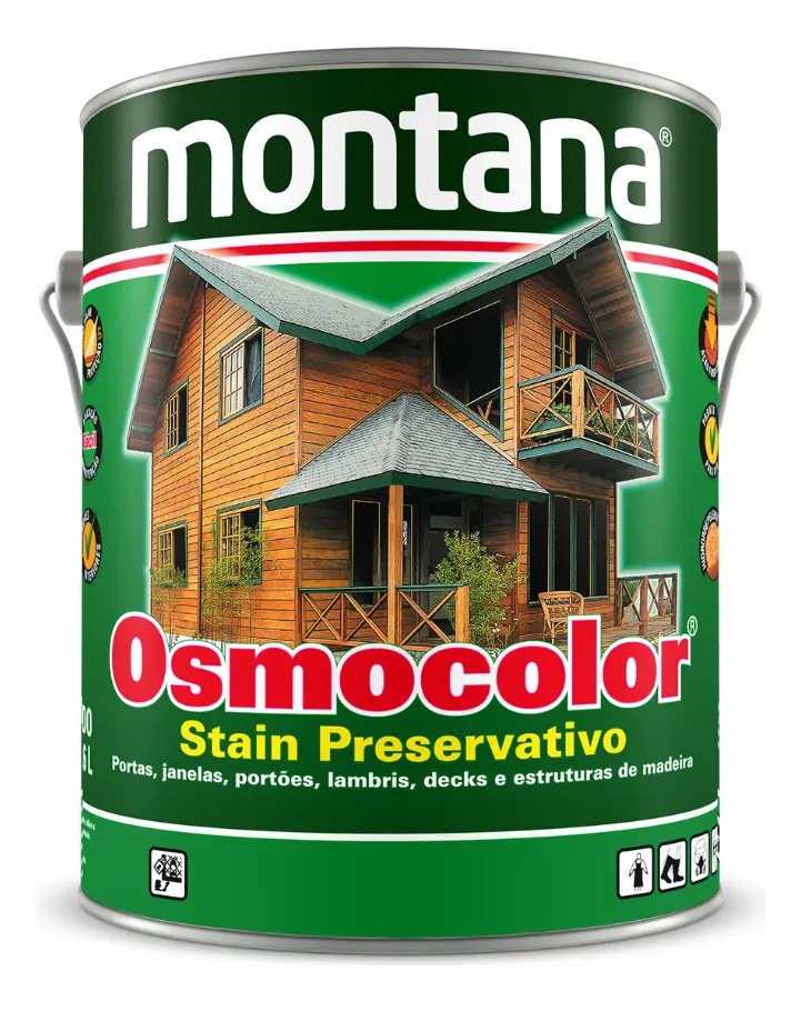 Lata verde de Stain Osmocolor Montana com a foto de uma casa de madeira no rótulo, foto do anúncio do produto no Mercado Livre
