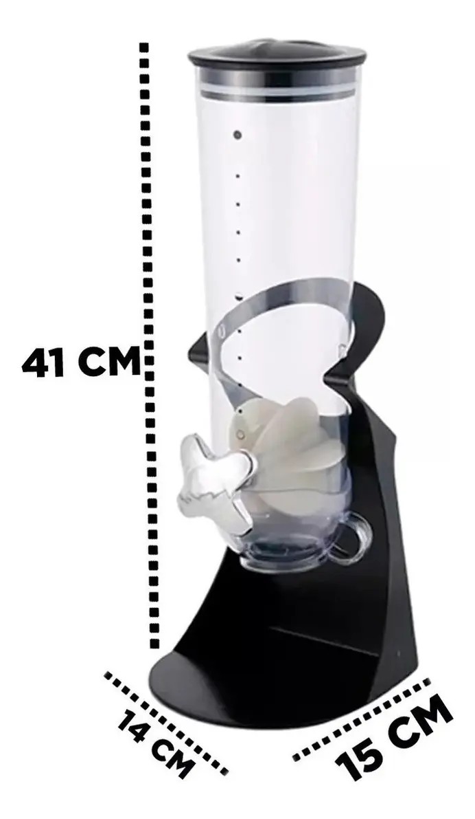 Dispenser preto de cereal com xícara medidora, foto do anúncio do produto no Mercado Livre