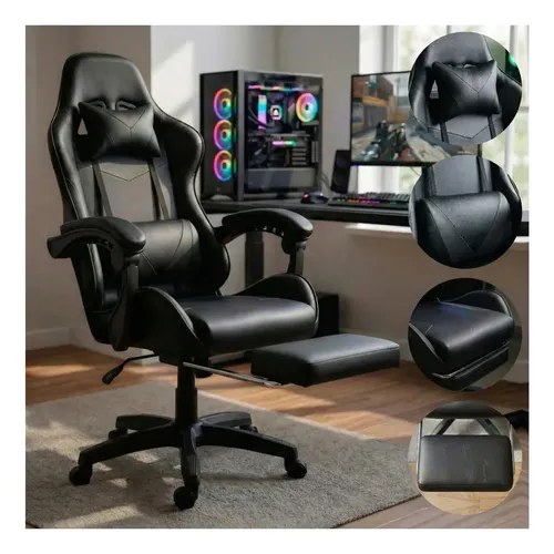 Cadeira gamer preta de couro sintético com apoio de pés aberto, diante de um computador com luzes coloridas, foto do anúncio do produto no Mercado Livre
