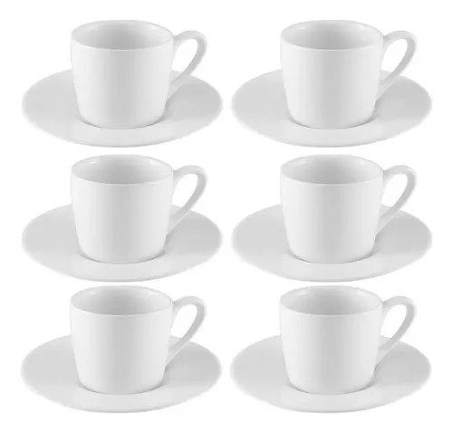 Seis xícaras brancas de porcelana com pires, foto do anúncio do produto no Mercado Livre