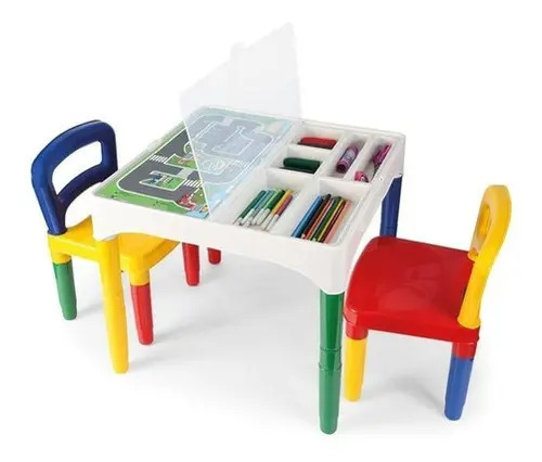 Mesinha didática infantil branca com duas cadeiras coloridas, foto do anúncio do produto no Mercado Livre