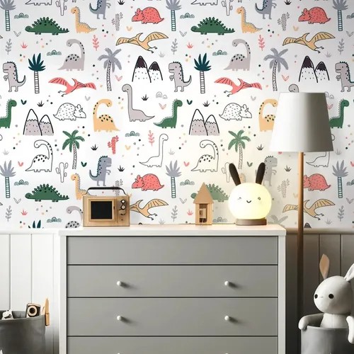 Rolo de papel de parede adesivo infantil com estampa de dinossauro, foto do anúncio do produto no Mercado Livre