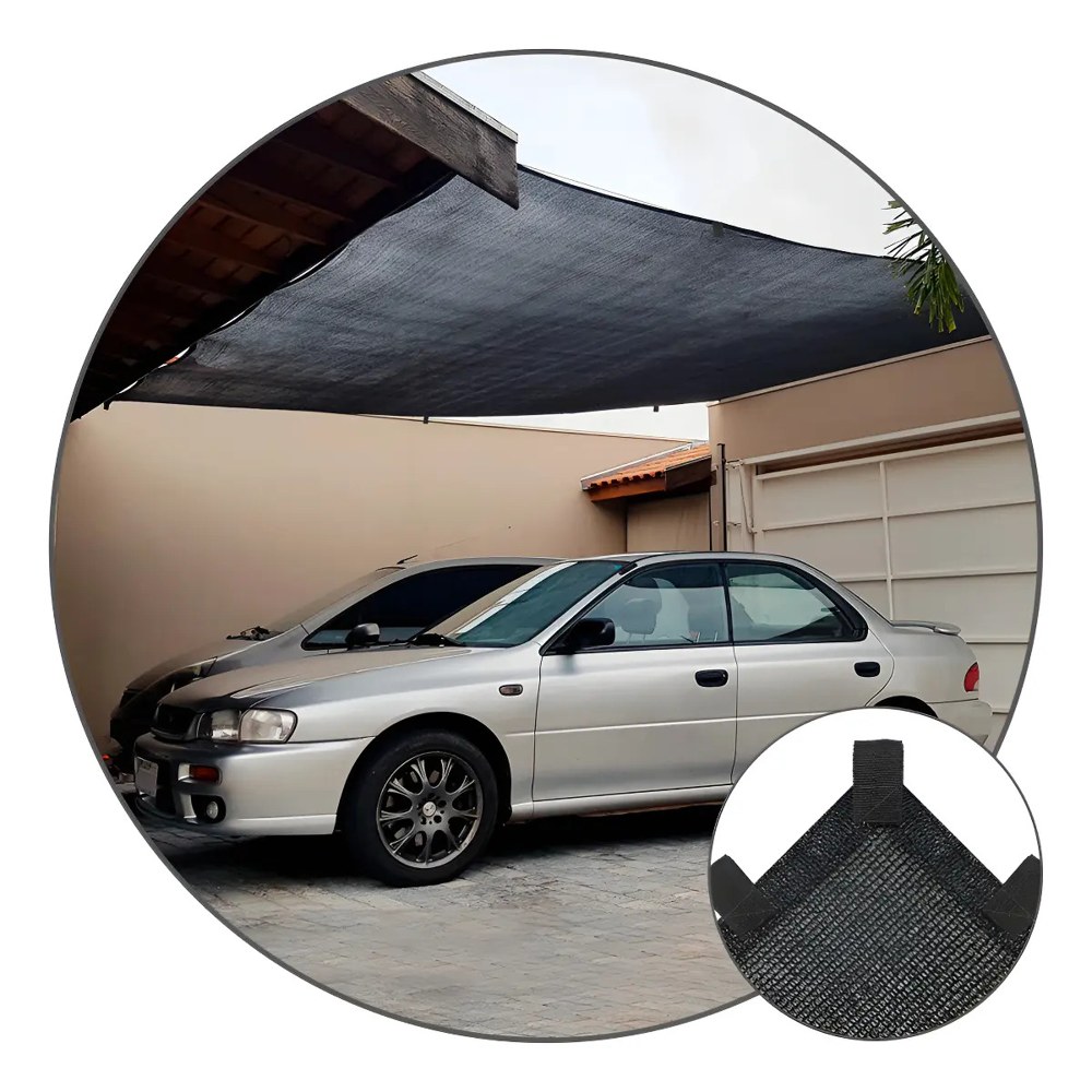 Tela de sombreamento preta esticada sobre uma garagem com carro prata e detalhe do acabamento da borda, foto do anúncio do produto no Mercado Livre