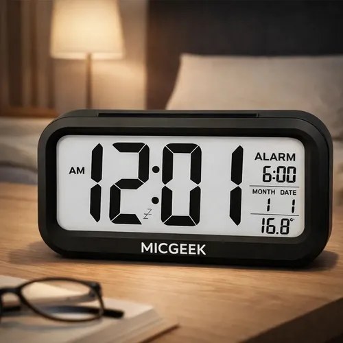 Relógio despertador digital preto Micgeek com visor grande mostrando a hora sobre mesa de cabeceira, foto do anúncio do produto no Mercado Livre