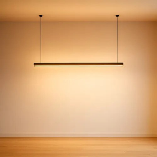 Pendente linear preto de LED pendurado por dois cabos em parede clara, foto do anúncio do produto no Mercado Livre