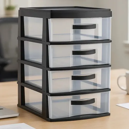 Gaveteiro preto com quatro gavetas transparentes, foto do anúncio do produto no Mercado Livre