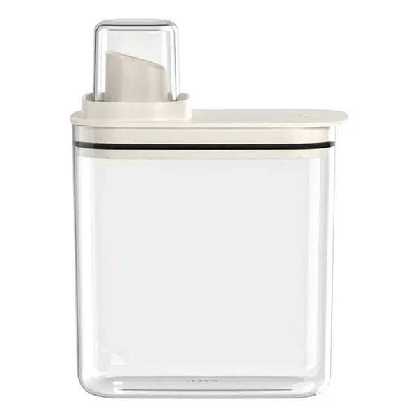 Dispenser transparente para sabão líquido com tampa clara e copinho no topo, foto do anúncio do produto no Mercado Livre