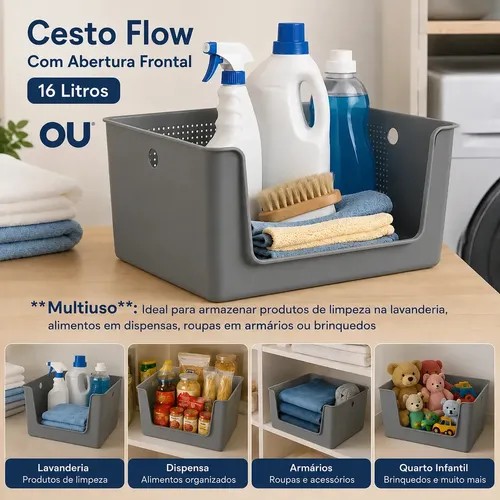 Cesto organizador cinza-escuro com abertura frontal cheio de produtos de limpeza e panos, foto do anúncio do produto no Mercado Livre