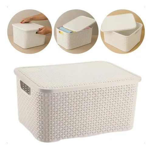 Cesto organizador branco estilo rattan com tampa e alças, foto do anúncio do produto no Mercado Livre