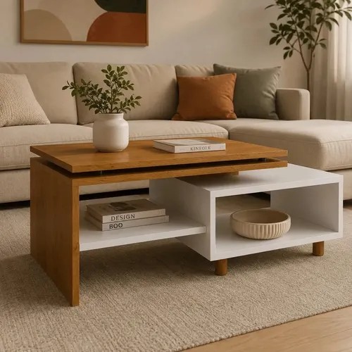 Mesa de centro 90 cm com tampo duplo off-white e madeira, foto do anúncio do produto no Mercado Livre