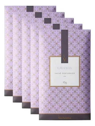 Kit com cinco sachês perfumados Via Aroma lavanda de 10 gramas, foto do anúncio do produto no Mercado Livre