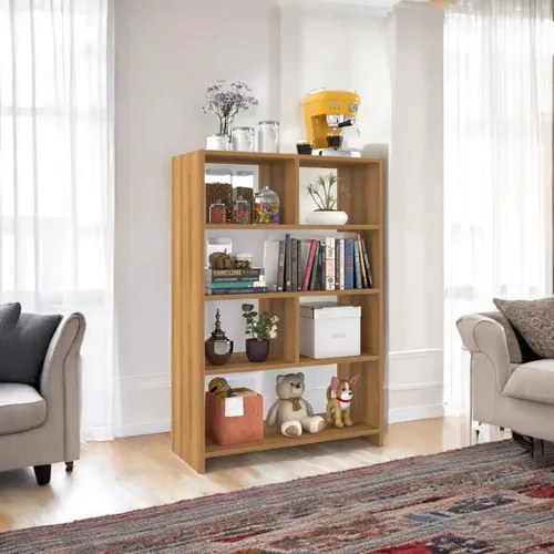 Estante de madeira clara com nichos abertos cheios de livros, plantas e bichos de pelúcia numa sala, foto do anúncio do produto no Mercado Livre