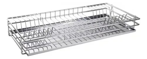 Escorredor aramado de inox com duas grades e bandeja embaixo, em fundo branco, foto do anúncio do produto no Mercado Livre