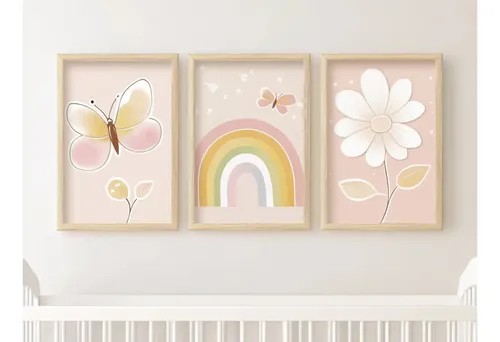 Kit com três placas decorativas arco-íris para quarto infantil, foto do anúncio do produto no Mercado Livre