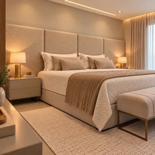 Quarto com cabeceira alta de placas estofadas bege atrás de cama casal, foto do anúncio do produto no Mercado Livre