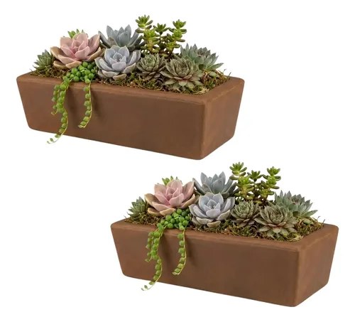 Duas jardineiras marrons com suculentas, foto do anúncio do produto no Mercado Livre