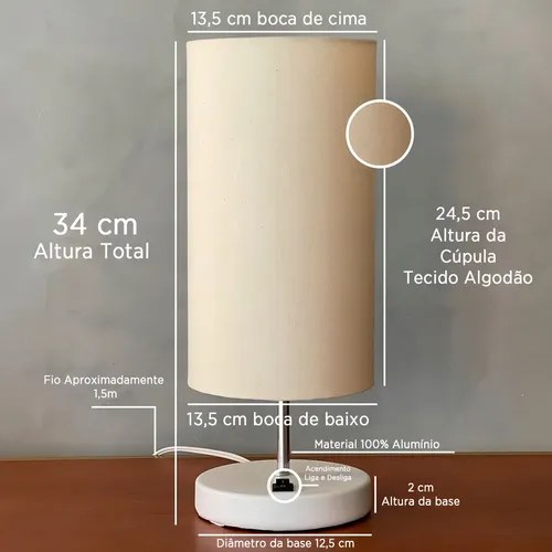 Abajur com base branca e cúpula bege com medidas indicadas, foto do anúncio do produto no Mercado Livre