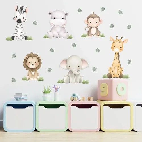 Adesivo de parede infantil com animais de safari coloridos, foto do anúncio do produto no Mercado Livre