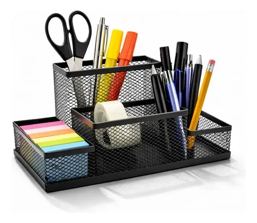Organizador aramado preto com canetas, tesoura e post-its, foto do anúncio do produto no Mercado Livre