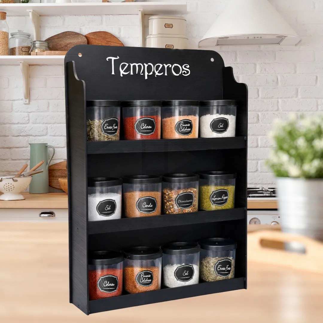Porta-temperos preto de parede com potes de vidro, foto do anúncio do produto no Mercado Livre