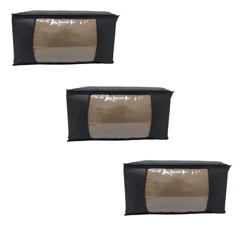 Kit com três caixas organizadoras pretas com visor transparente para enxoval, foto do anúncio do produto no Mercado Livre