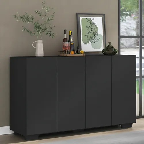 Buffet aparador preto com portas, decorado com quadro, vaso e garrafas em cima, foto do anúncio do produto no Mercado Livre