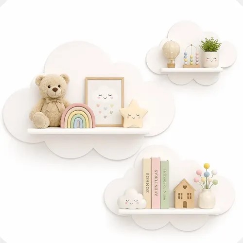 Kit com três prateleiras nuvem brancas de MDF na parede, foto do anúncio do produto no Mercado Livre