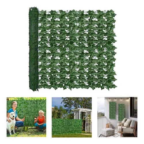 Painel de folhagem artificial verde estilo muro inglês com fotos de uso em quintal e varanda, foto do anúncio do produto no Mercado Livre