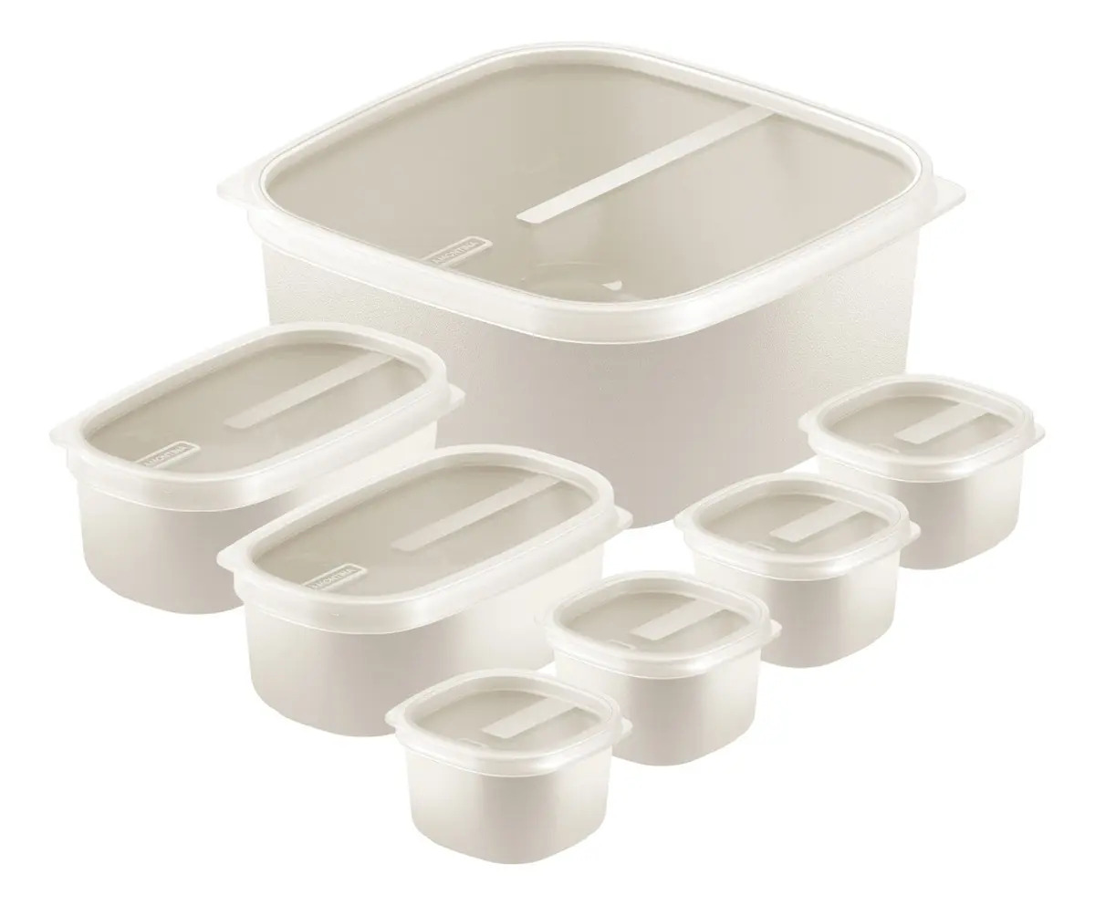 Kit Tramontina com sete potes herméticos de plástico BPA free na cor bege, foto do anúncio do produto no Mercado Livre