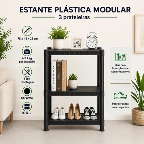 Estante plástica preta de 3 prateleiras com livros, plantas e sapatos, foto do anúncio do produto no Mercado Livre