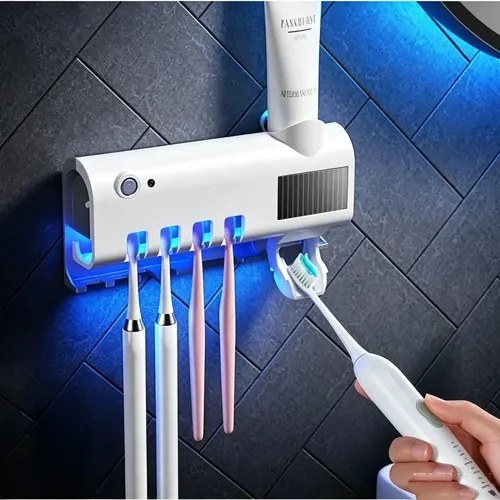 Porta-escova branco de parede com escovas e dispenser de pasta, foto do anúncio do produto no Mercado Livre